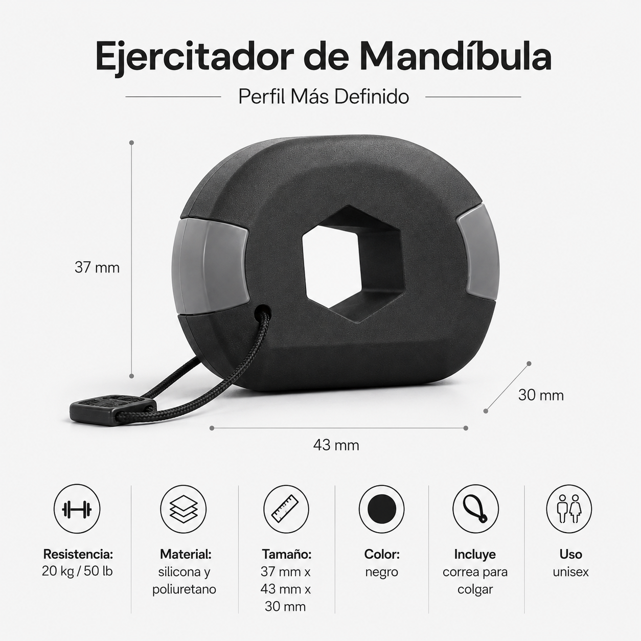 Medidas y detalles del ejercitador mandibular